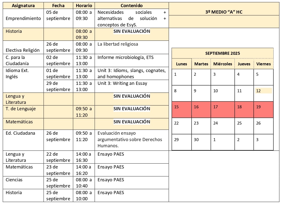 3º Medio HC A Septiembre 2025