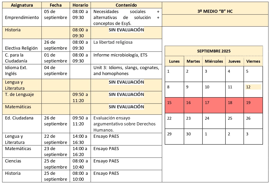 3º Medio HC B Septiembre 2025